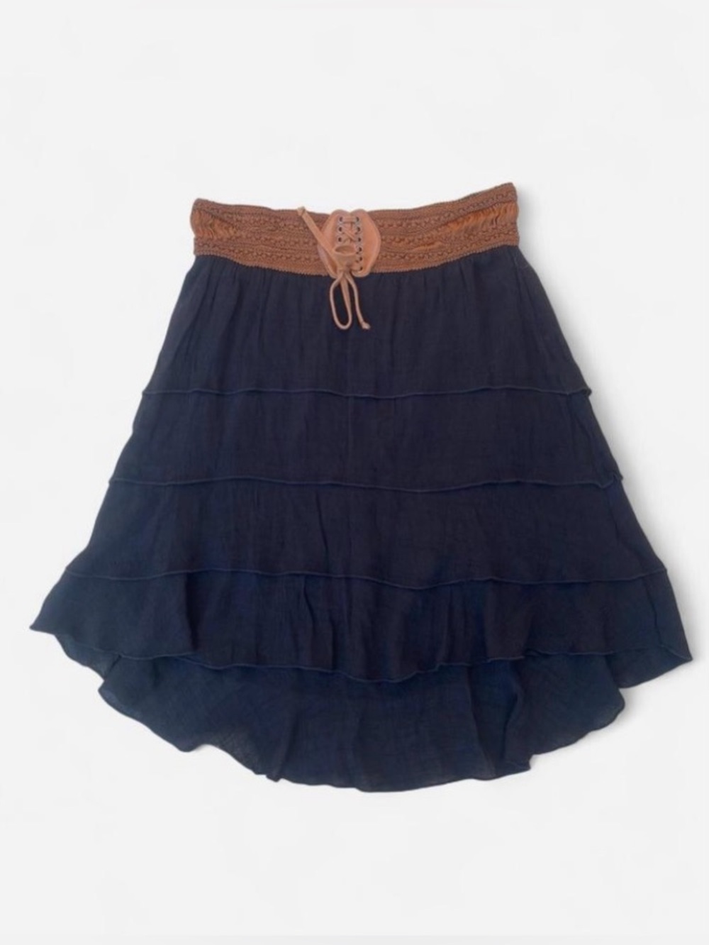 Black Midi Skirt with Brown Waist Band & Faux Leather Lace Up Detail - Picture 2 of 4